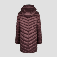 Load image into Gallery viewer, A dark plum purple hooded puffer coat with a chevron quilted pattern, shown from the back against a light gray background.
