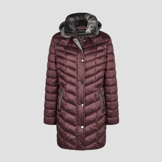 A women's quilted puffer coat in a deep burgundy color, featuring a hood with dark gray faux-fur trim, a snap-button front closure, and zippered hand pockets, shown against a solid light gray background.