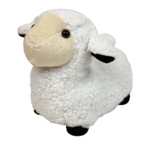 Load image into Gallery viewer, Side view of white sheep doorstop with black ear detail and black feet
