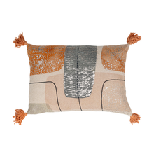 Load image into Gallery viewer, Decorative pillow with abstract pattern and tassels on a white background
