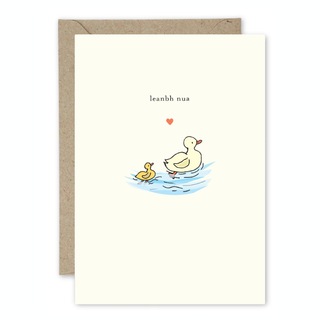 Greeting card with illustration of a duck and duckling in water and 'leanbh nua' text.