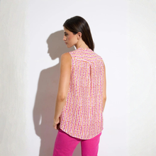 Load image into Gallery viewer, Back view of model wearing Tinta Sleeveless Shirt in coral pink, with a white background.
