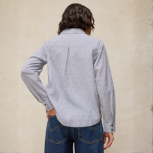 Load image into Gallery viewer, A person shown from the back wearing a light blue and white vertically striped button-up shirt and blue jeans, standing against a textured beige wall.
