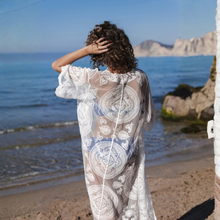 Load image into Gallery viewer, Back view Model on the beach wearing Pastunette Beach Cover Up, in white.
