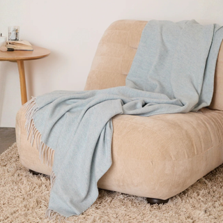 Beige sofa with a light blue throw blanket draped over it, in a cozy living room setting.