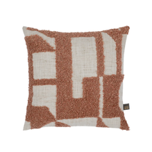 Load image into Gallery viewer, A square decorative throw pillow featuring a textured geometric pattern in terracotta brown and cream. The left side of the pillow has a shaggy, looped terracotta brown texture, while the right side and geometric shapes are made of a woven cream linen-like fabric.

