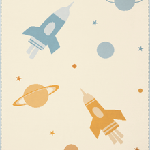 Load image into Gallery viewer, Children's pattern with space-themed elements including rockets and planets on a beige background.
