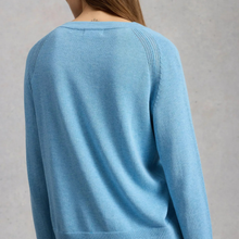 Load image into Gallery viewer, A person shown from the back wearing a light blue knit sweater against a plain light gray background.
