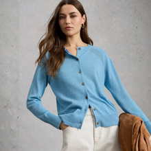 Load image into Gallery viewer, A woman wearing a light blue button-front cardigan sweater with white pants, holding a brown jacket against a textured gray wall.
