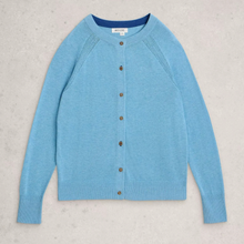 Load image into Gallery viewer, A light blue knit cardigan sweater with a button-up front, laid flat on a textured light gray background. The brand name 'MARC &amp; LISA' is visible on the inner neck label.
