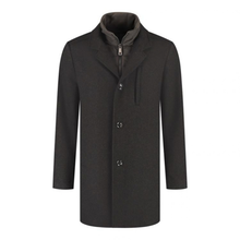 Load image into Gallery viewer, A dark brown men's wool-blend coat with a high stand collar, three front buttons, and a zippered inner placket, shown on a plain white background.
