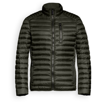 Load image into Gallery viewer, A dark olive green puffer jacket with horizontal quilting, a full-zip front, and a zippered chest pocket, shown on a plain white background.
