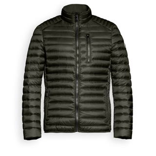 A dark olive green puffer jacket with horizontal quilting, a full-zip front, and a zippered chest pocket, shown on a plain white background.