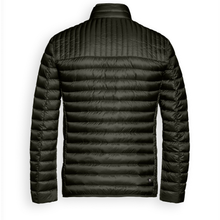 Load image into Gallery viewer, A dark olive green quilted puffer jacket shown from the back, featuring horizontal and vertical stitching patterns, set against a plain white background.
