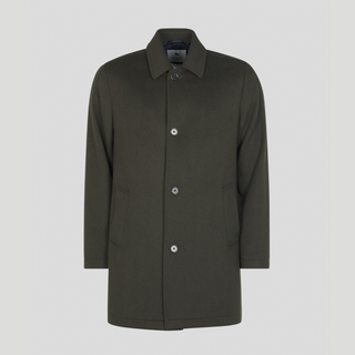 Green coat with button details on a light gray background