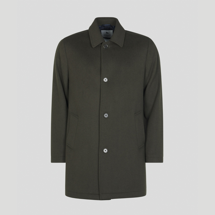 Green coat with button details on a light gray background