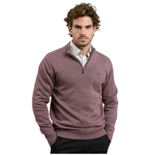 Load image into Gallery viewer, Man wearing a maroon half-zip sweater over a checkered shirt on a white background
