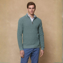 Load image into Gallery viewer, Man wearing a green sweater and blue jeans against a beige background

