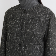 Load image into Gallery viewer, Close-up of a textured gray coat with buttons on a light gray background
