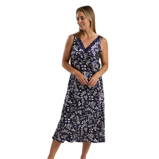 Marlon Satin Leaf Print Nightdress | Indigo / Cherry