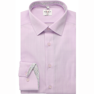Light purple dress shirt with floral trim on a white background