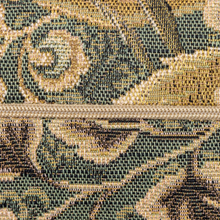 Load image into Gallery viewer, Close-up of a woven textile with an ornate floral or scroll pattern in olive green, beige, and gold tones, divided horizontally by a beige zipper.
