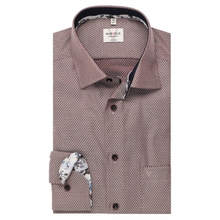 Load image into Gallery viewer, A folded long-sleeve dress shirt by Markus Lins, featuring a fine micro-dot pattern in dusty rose and brown on a white background, with a floral-patterned inner collar and cuff lining.
