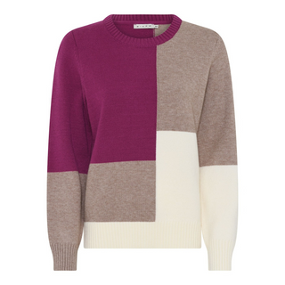 Color-blocked sweater with purple, beige, and white sections on a white background