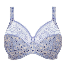 Load image into Gallery viewer, A light purple and white floral lace bra with underwire cups, featuring a small bow at the center front and adjustable shoulder straps, shown against a plain white background.
