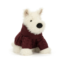 Load image into Gallery viewer, A plush West Highland terrier dog toy wearing a burgundy cable-knit sweater, set against a plain white background.
