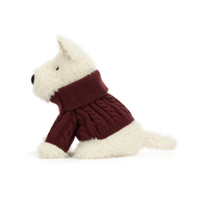 Load image into Gallery viewer, A plush white dog toy wearing a burgundy cable-knit turtleneck sweater, shown against a plain white background.
