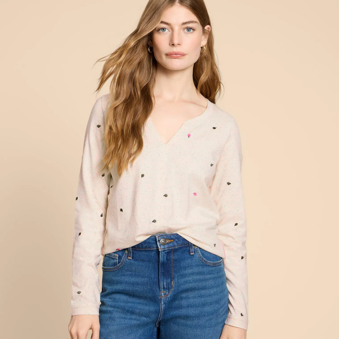 White Stuff Nelly Long Sleeve Embroidered Tee | Natural Multi
