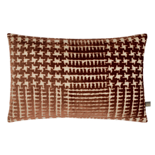 Load image into Gallery viewer, A rectangular throw pillow with a brown and beige geometric pattern, shown against a plain white background.
