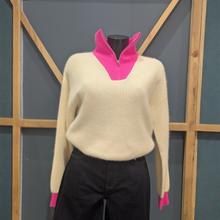 Load image into Gallery viewer, Front of Twns The Label Breckenridge Neon Pink/White set on a mannequin, with a wooden and blue background.
