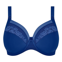 Load image into Gallery viewer, A royal blue wireless bra with matching blue mesh and floral lace cups, shown against a plain white background.
