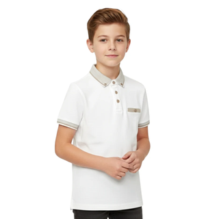 Model Posing wearing Diesel Nixon Boys Polo Shirt, In white, With a white background.