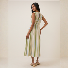 Load image into Gallery viewer, Woman wearing a striped dress on a plain background
