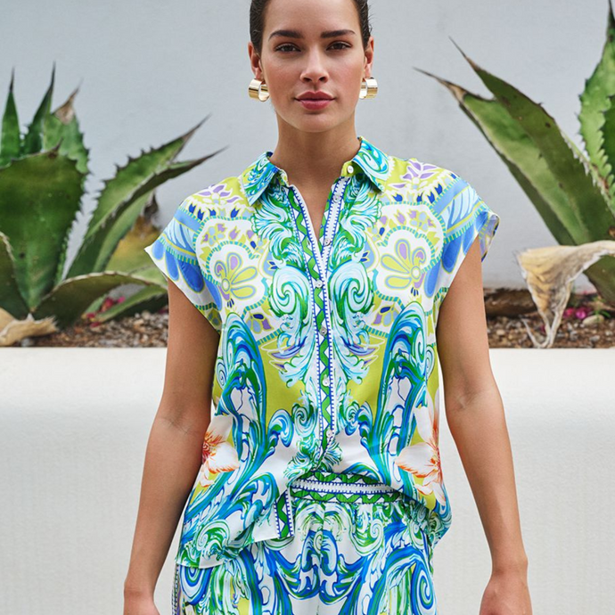Ocean Paisley print blouse on a model