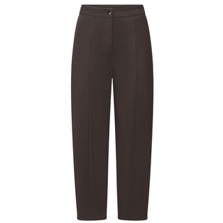 A pair of dark brown tailored trousers shown flat against a solid white background.