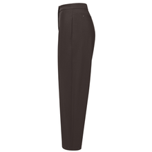 Load image into Gallery viewer, A pair of dark brown tailored trousers shown from a side profile view against a plain white background.
