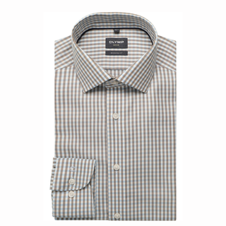 Checkered dress shirt with collar tag on a white background