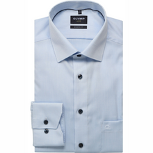 Load image into Gallery viewer, Light blue dress shirt with collar tag on a white background
