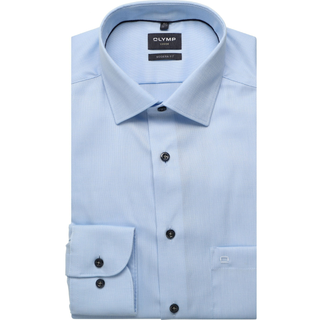Light blue dress shirt with black buttons on a white background, featuring the Olymp brand.