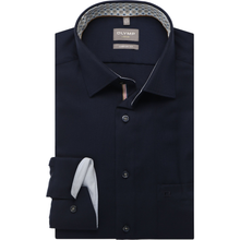 Load image into Gallery viewer, Folded navy blue dress shirt with patterned collar on a white background
