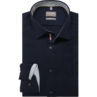 Folded navy blue dress shirt with patterned collar on a white background