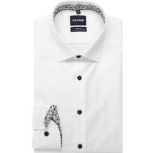 Load image into Gallery viewer, A folded white long-sleeve dress shirt by OLYMP, featuring a pointed collar, dark buttons, and a black, white, and gray patterned inner collar and cuff lining.
