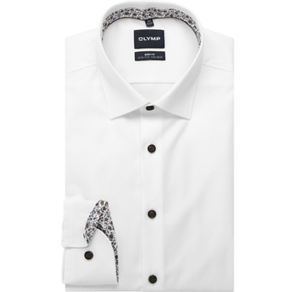 A folded white long-sleeve dress shirt by OLYMP, featuring a pointed collar, dark buttons, and a black, white, and gray patterned inner collar and cuff lining.
