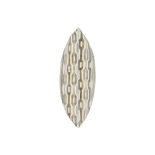 Load image into Gallery viewer, A single marquise-shaped decorative cabochon with a textured geometric pattern in gold, silver, and white, centered on a plain white background.

