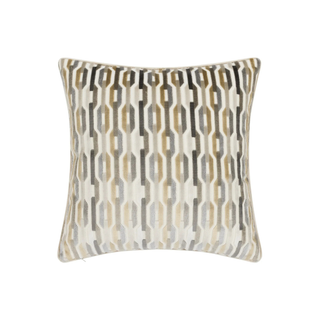 A square decorative throw pillow featuring a vertical geometric pattern of interlocking oval and rectangular shapes in beige, gray, and black on an off-white background.