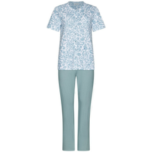 Load image into Gallery viewer, Light blue pajama set with a patterned top and solid pants on a white background
